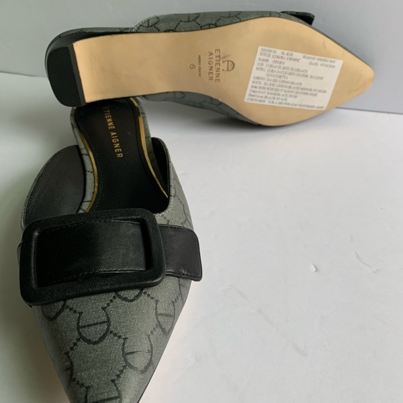 Leather Mules Etienne Aigner Womens Black & Gray 6 M Kitten Heel Shoes Slip On - Picture 6 of 6
